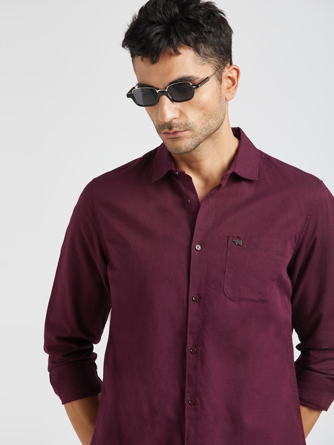 

THE BEAR HOUSE Slim Fit Cotton Linen Casual Shirt, Maroon