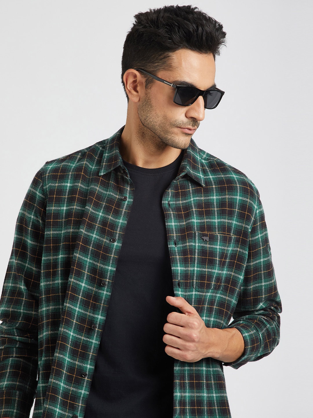 

THE BEAR HOUSE Slim Fit Tartan Checked Pure Cotton Casual Shirt, Green