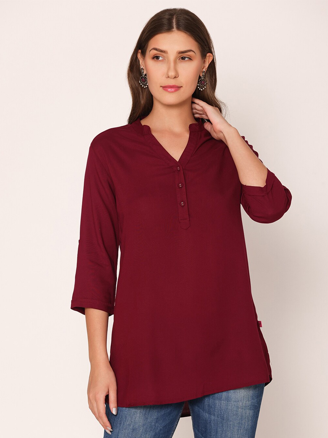

Vami Band Collar Kurti, Burgundy