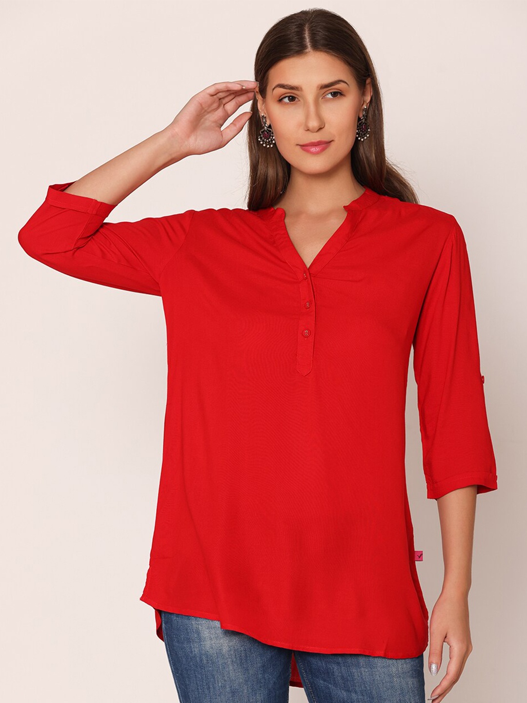 

Vami Band Collar Kurti, Red