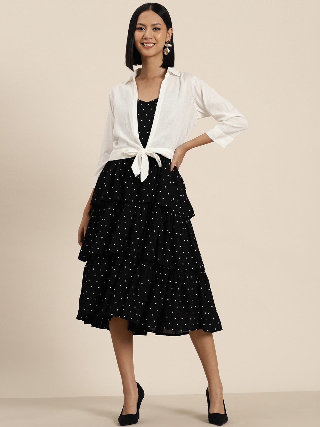 

HERE&NOW Polka Dot Print Layered A-Line Midi Dress with Shirt, Black