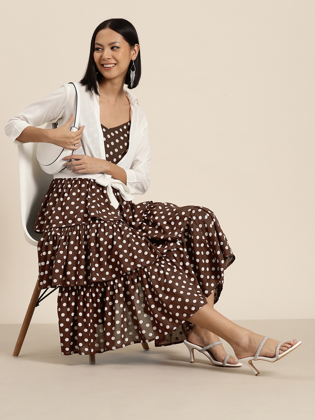 

HERE&NOW Polka Dot Print Layered A-Line Midi Dress with Shirt, Coffee brown