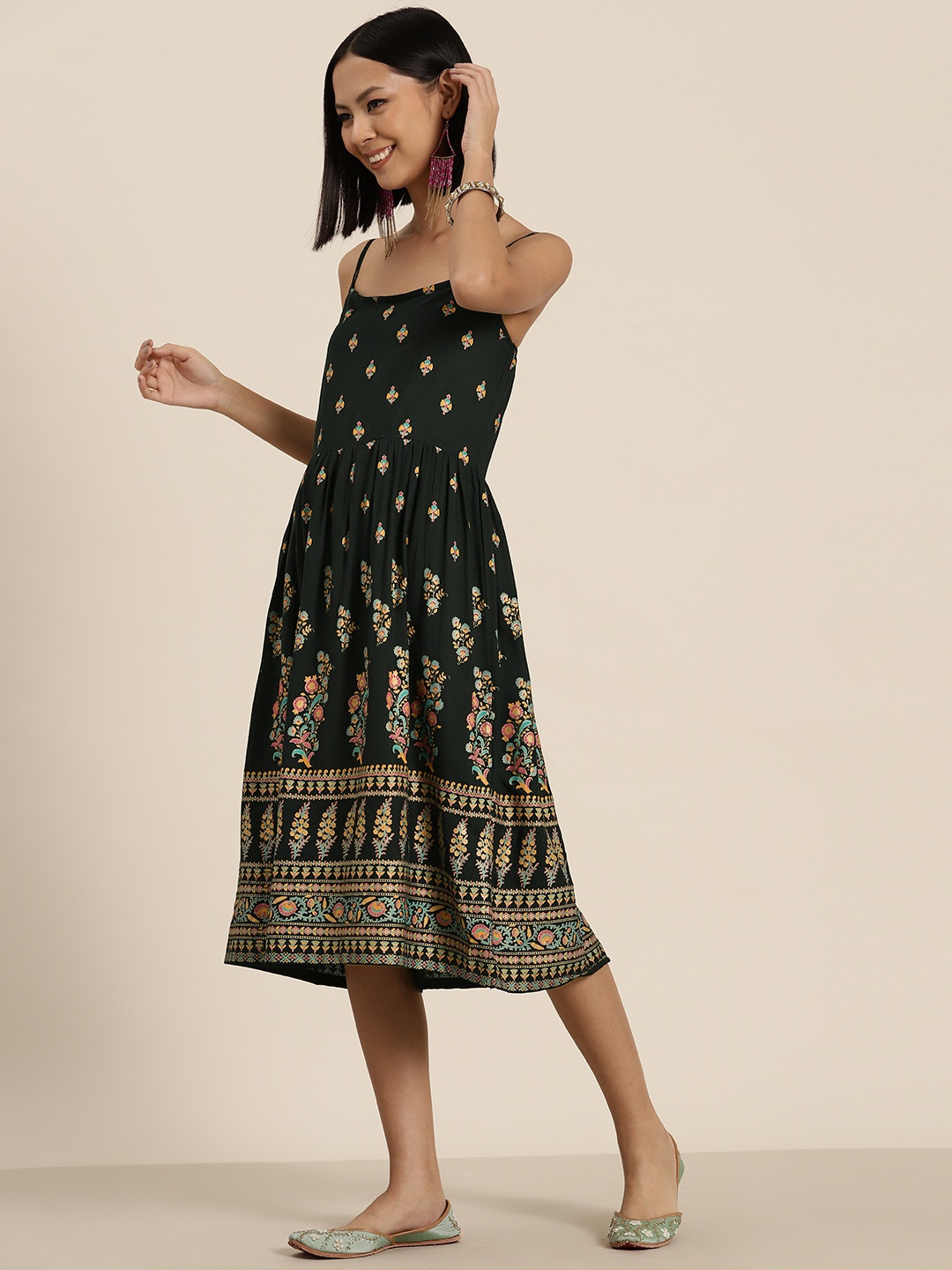 

HERE&NOW Ethnic Printed Midi A-Line Ethnic Dress, Green
