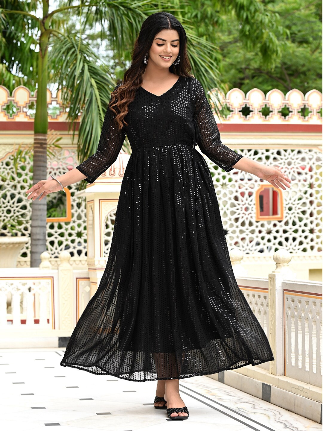 

SHOPGARB Sequined Flared Midi Ethnic Dress, Black