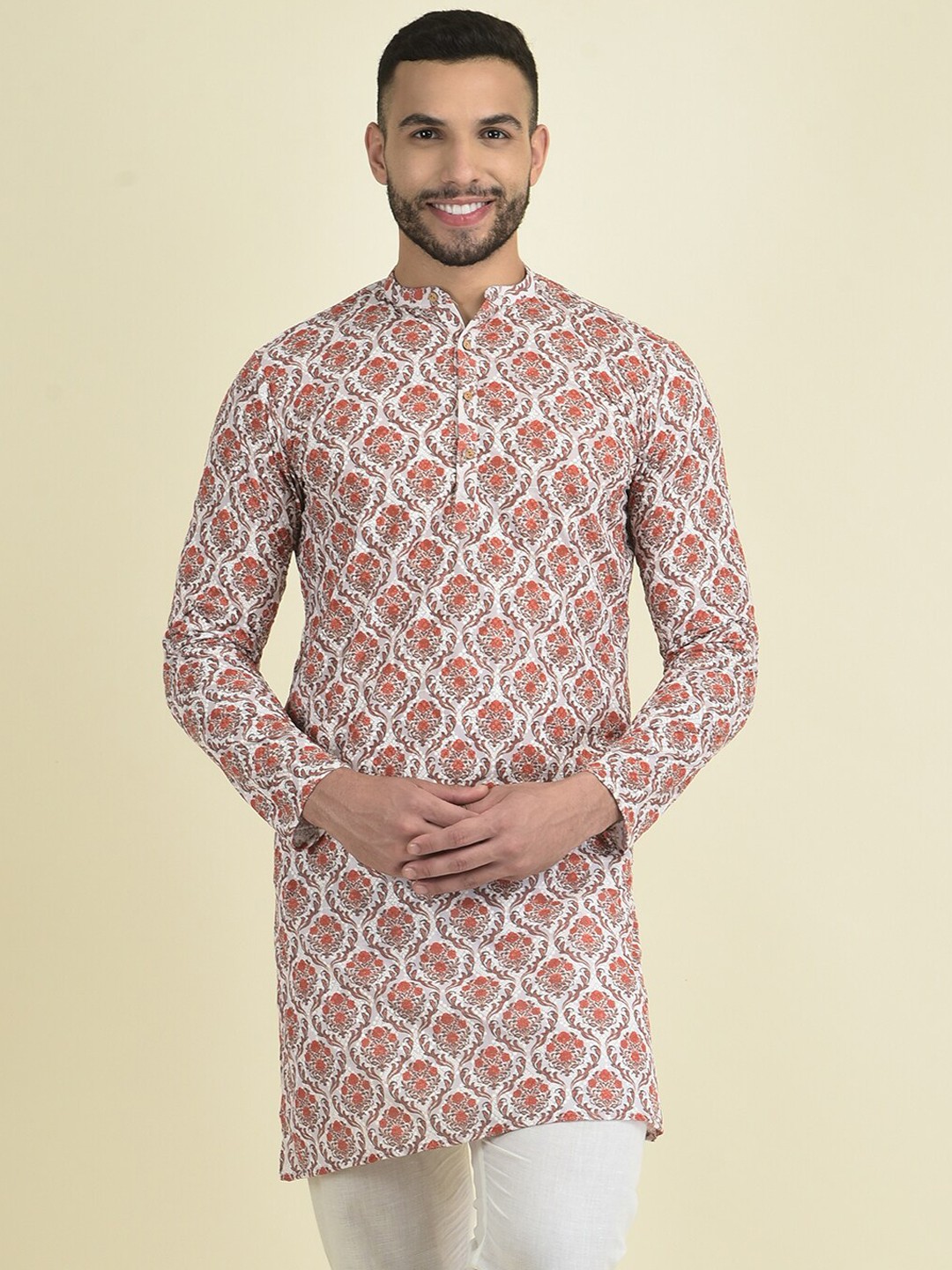 

DEYANN Floral Printed Mandarin Collar Thread Work Georgette Kurta, Peach