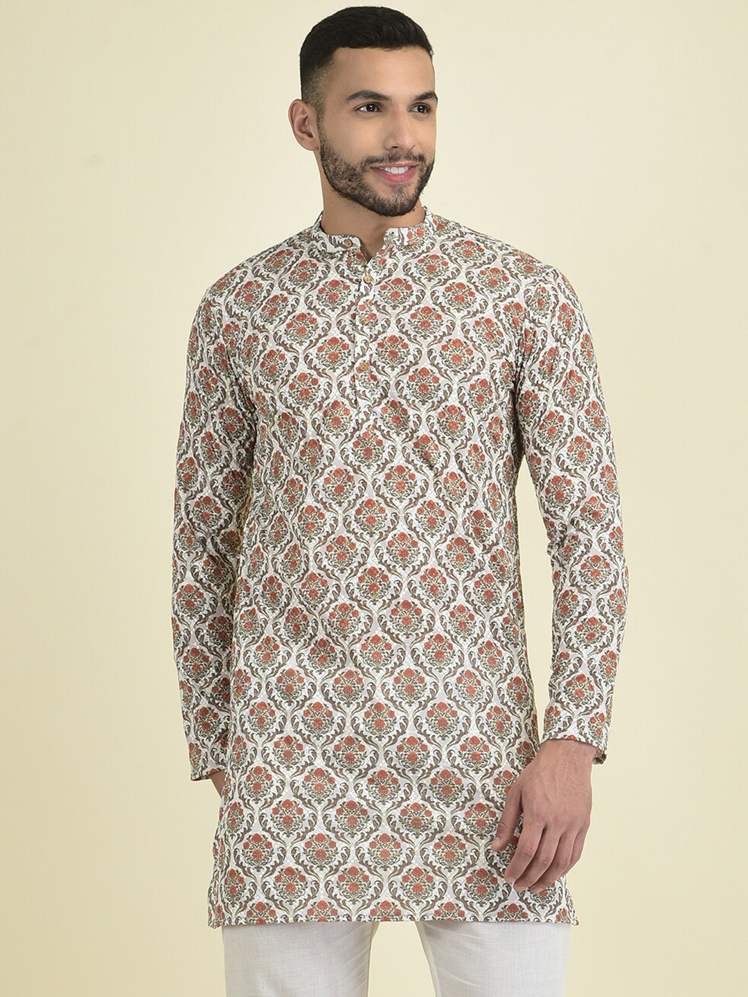 

DEYANN Ethnic Motifs Printed Mandarin Collar Straight Kurta, Cream