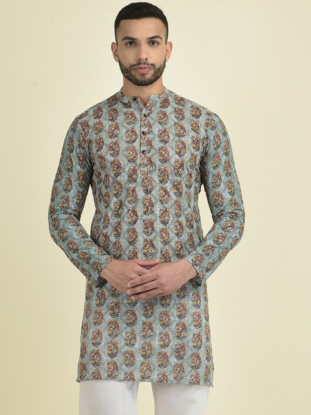 

DEYANN Floral Printed Band Collar Straight Kurta, Grey
