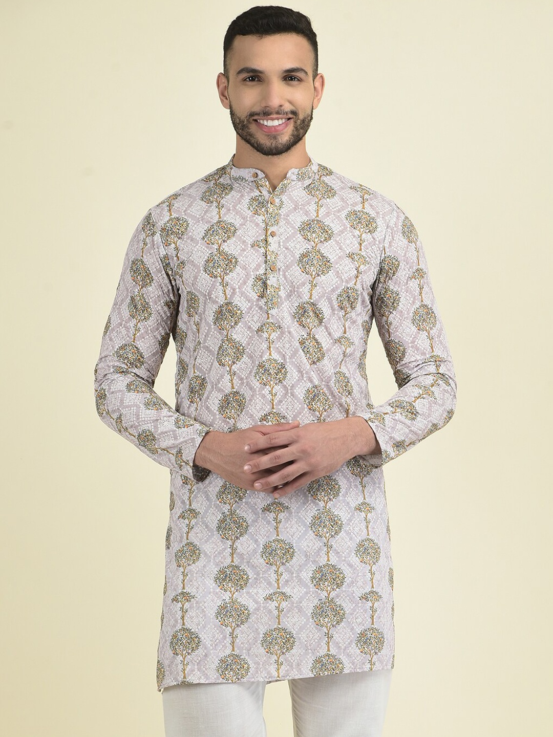 

DEYANN Ethnic Woven Design Mandarin Collar Straight Georgette Kurta, Peach