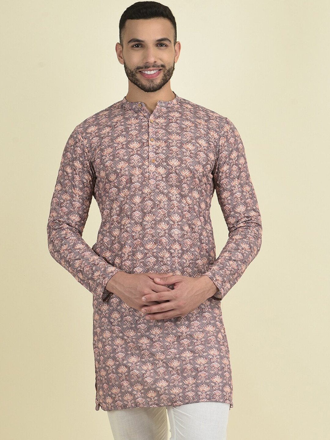 

DEYANN Floral Printed Band Collar Straight Kurta, Mauve