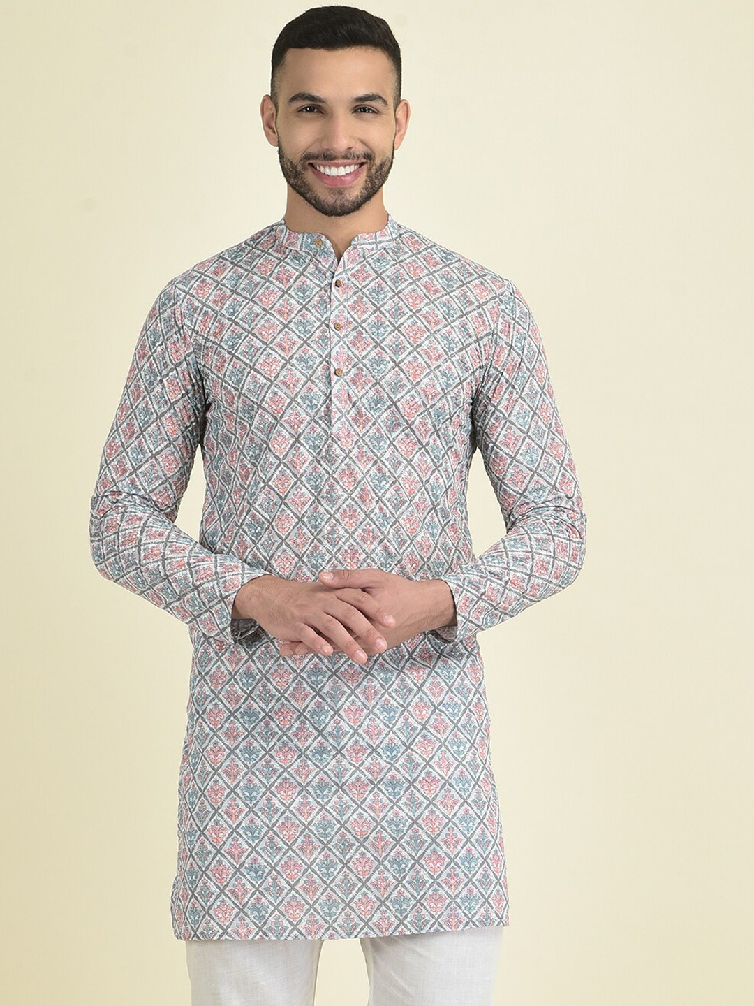 

DEYANN Band Collar Ethnic Motifs Printed Straight Georgette Kurta, Blue