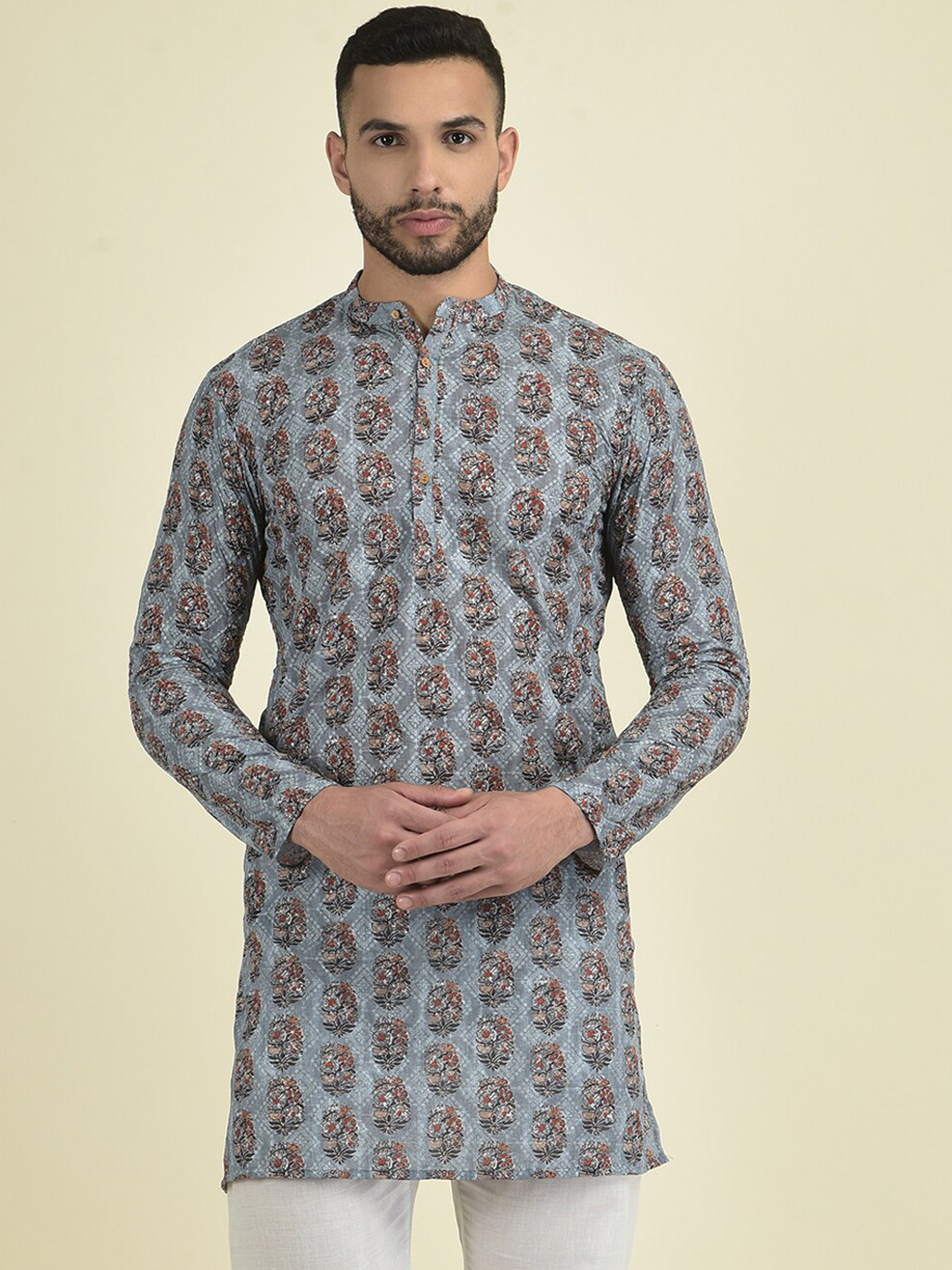 

DEYANN Band Collar Ethnic Motifs Printed Straight Georgette Kurta, Grey