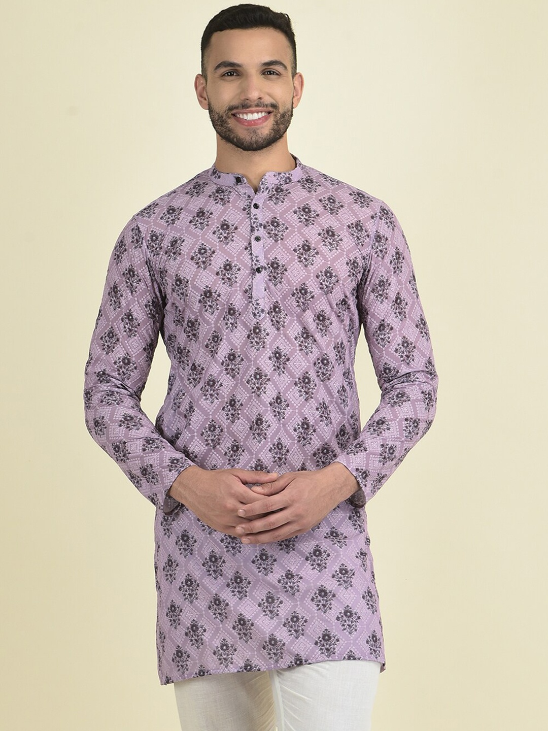 

DEYANN Floral Printed Band Collar Straight Kurta, Purple