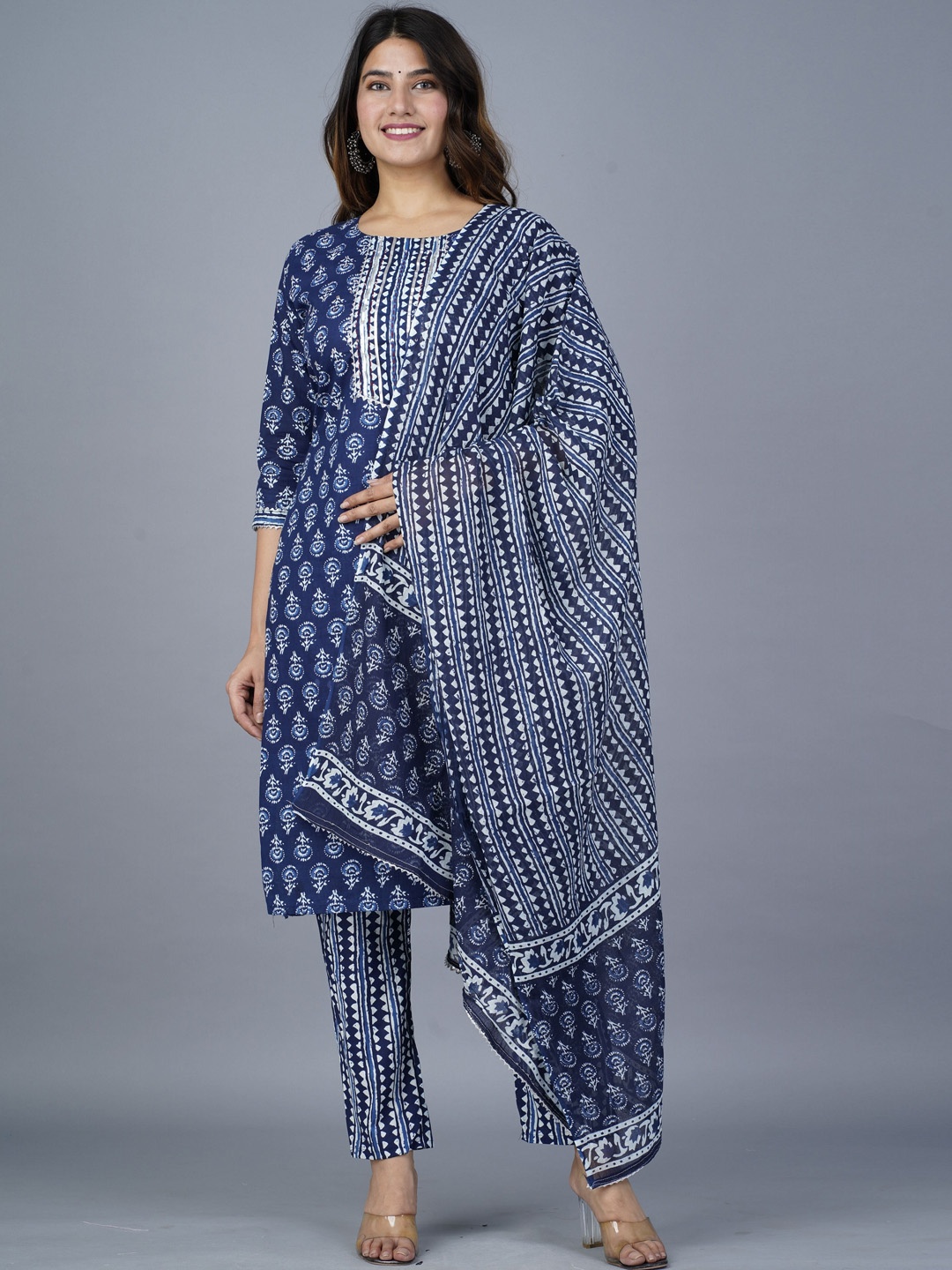 

KALINI Ethnic Motifs Printed Regular Kantha Work Pure Cotton Kurta with Trousers & With, Navy blue