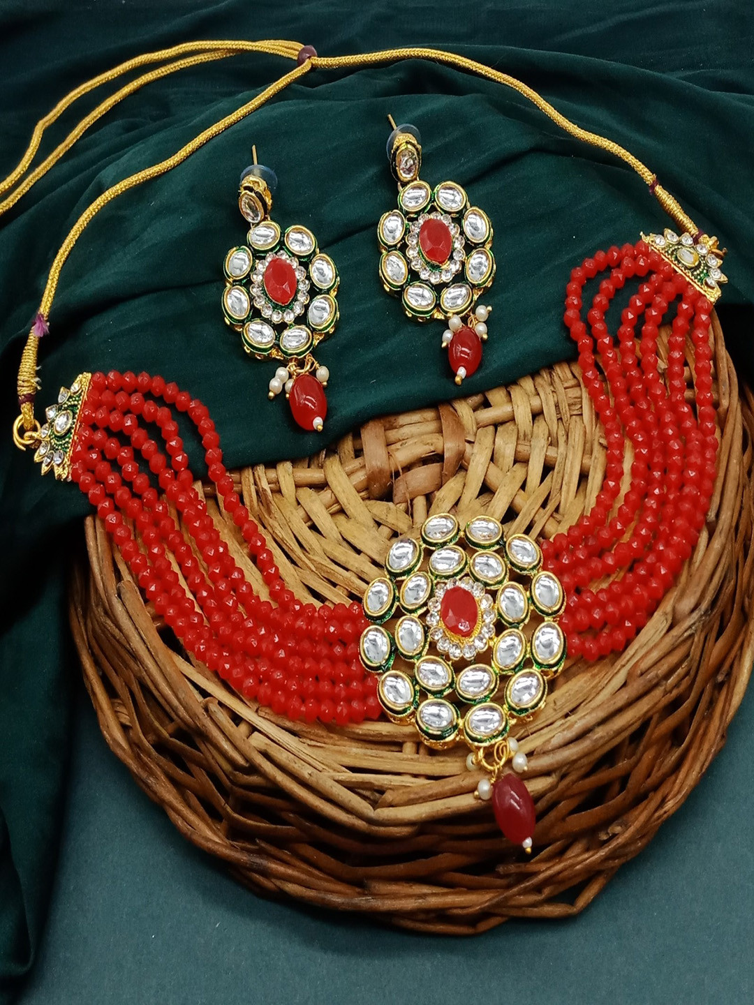 

AASHISH IMITATION Gold-Plated Stone Studded & Beaded Jewellery Set, Red