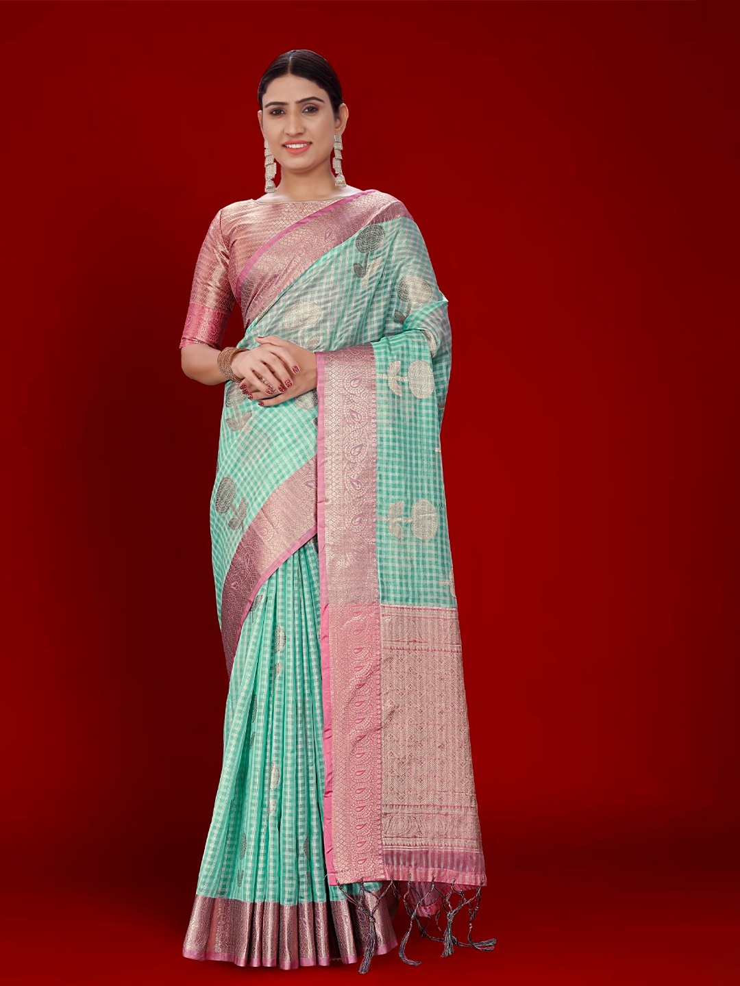 

Mitera Teal & Pink Floral Woven Design Zari Organza Banarasi Saree, Turquoise blue