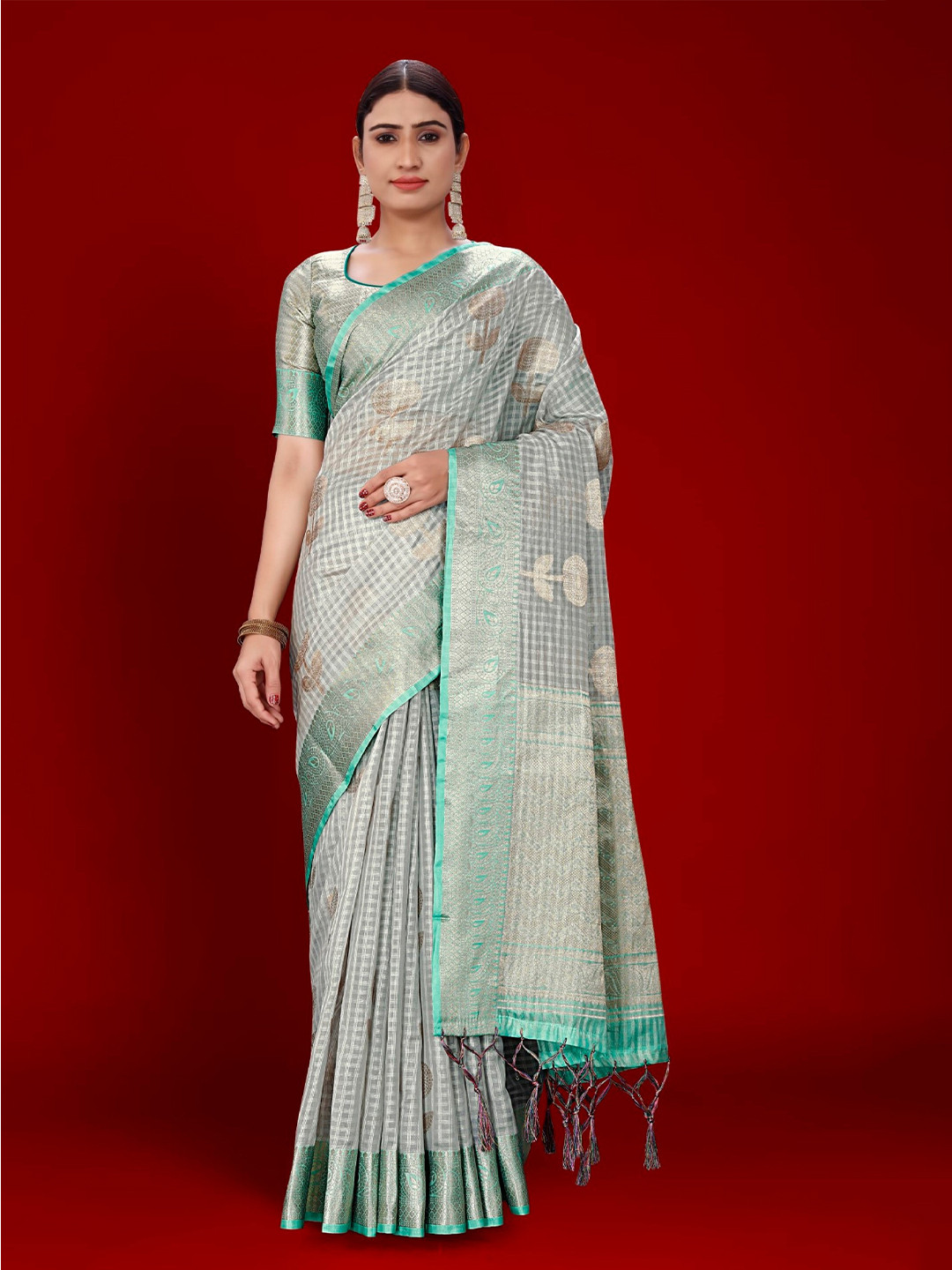 

Mitera Grey & Blue Ethnic Motifs Woven Design Zari Organza Banarasi Saree