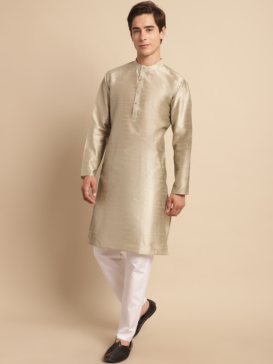 

Anouk Men Mandarin Collar Kurta With Pyjamas, Beige