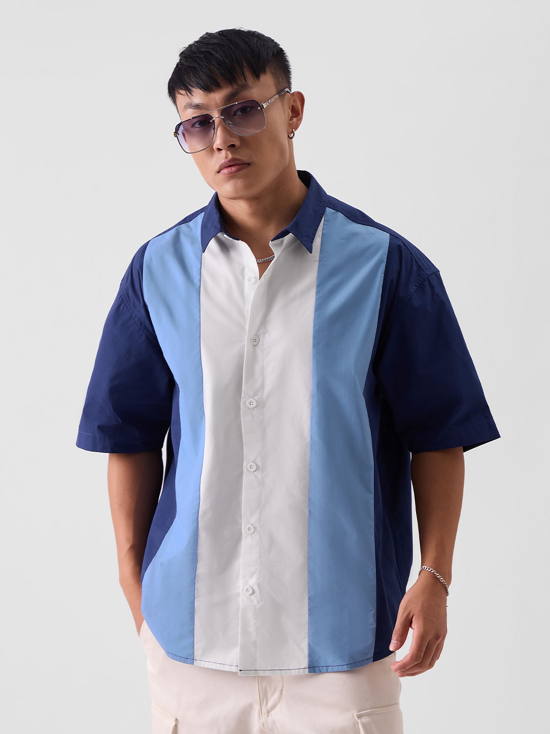 

The Souled Store Navy Blue Colourblocked Boxy Cotton Casual Shirt