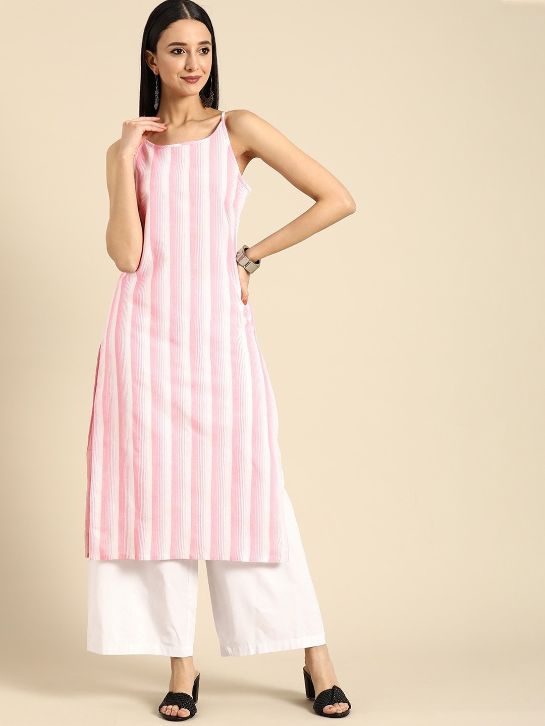 

KALINI Striped Thread Work Pure Cotton Kurta with Palazzos, Pink