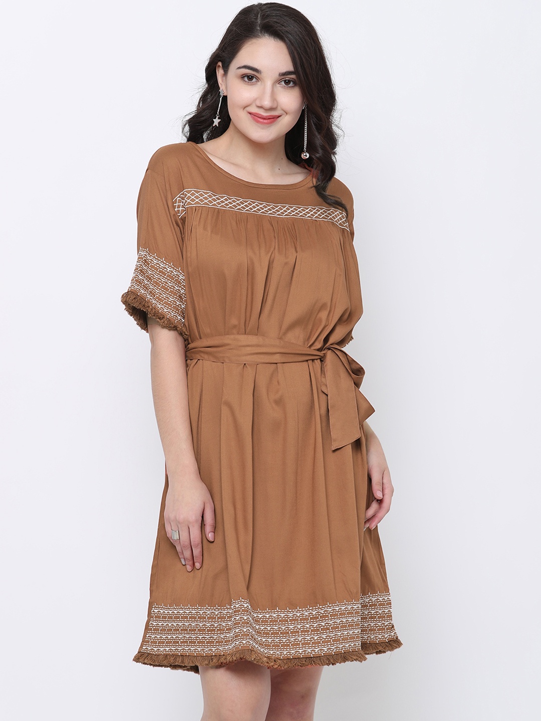 

Tokyo Talkies Women Brown Self Design A-Line Dress