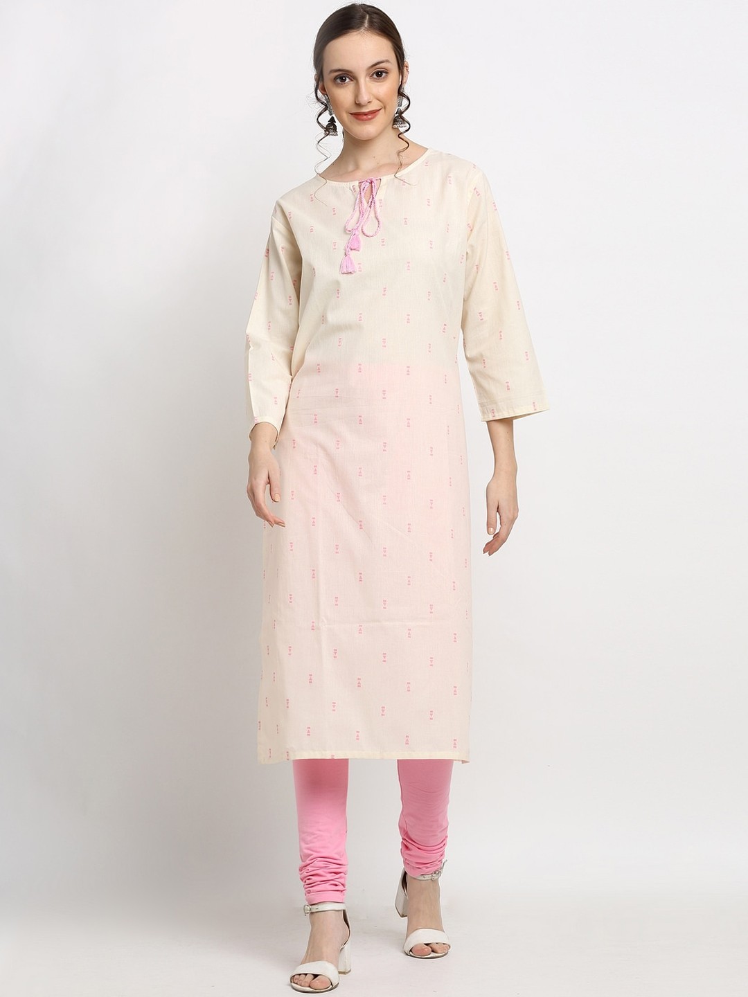 

Katn India Off White Ethnic Motifs Woven Design Keyhole Neck Cotton Kurta