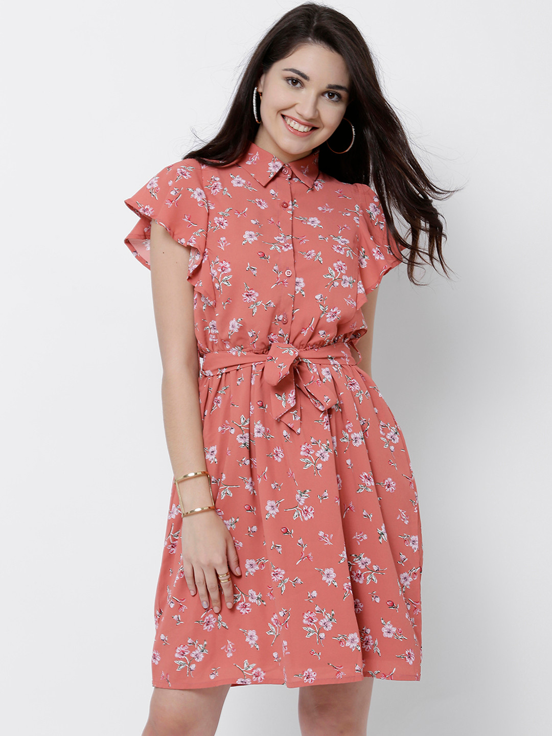

Tokyo Talkies Women Pink Floral Printed A-Line Dress