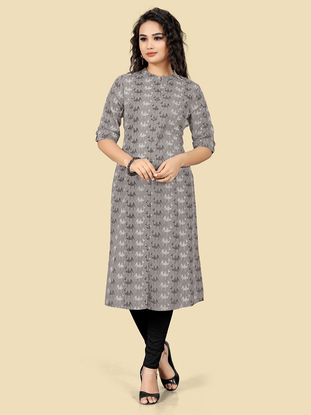 

Indian Women Abstract Printed Mandarin Collar Pure Cotton Straight Kurta, Grey