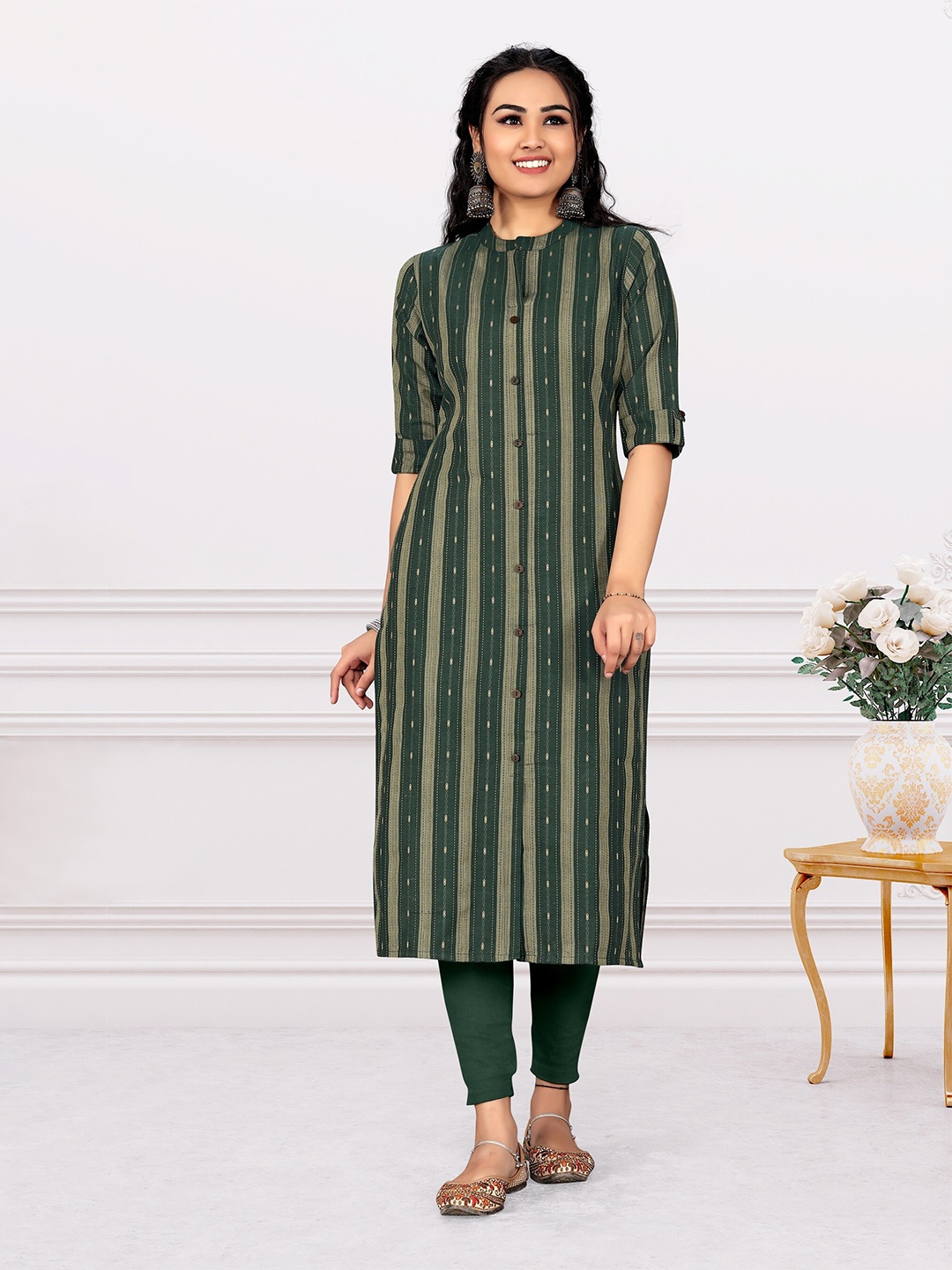 

Indian Women Striped Pure Cotton Kurta, Green