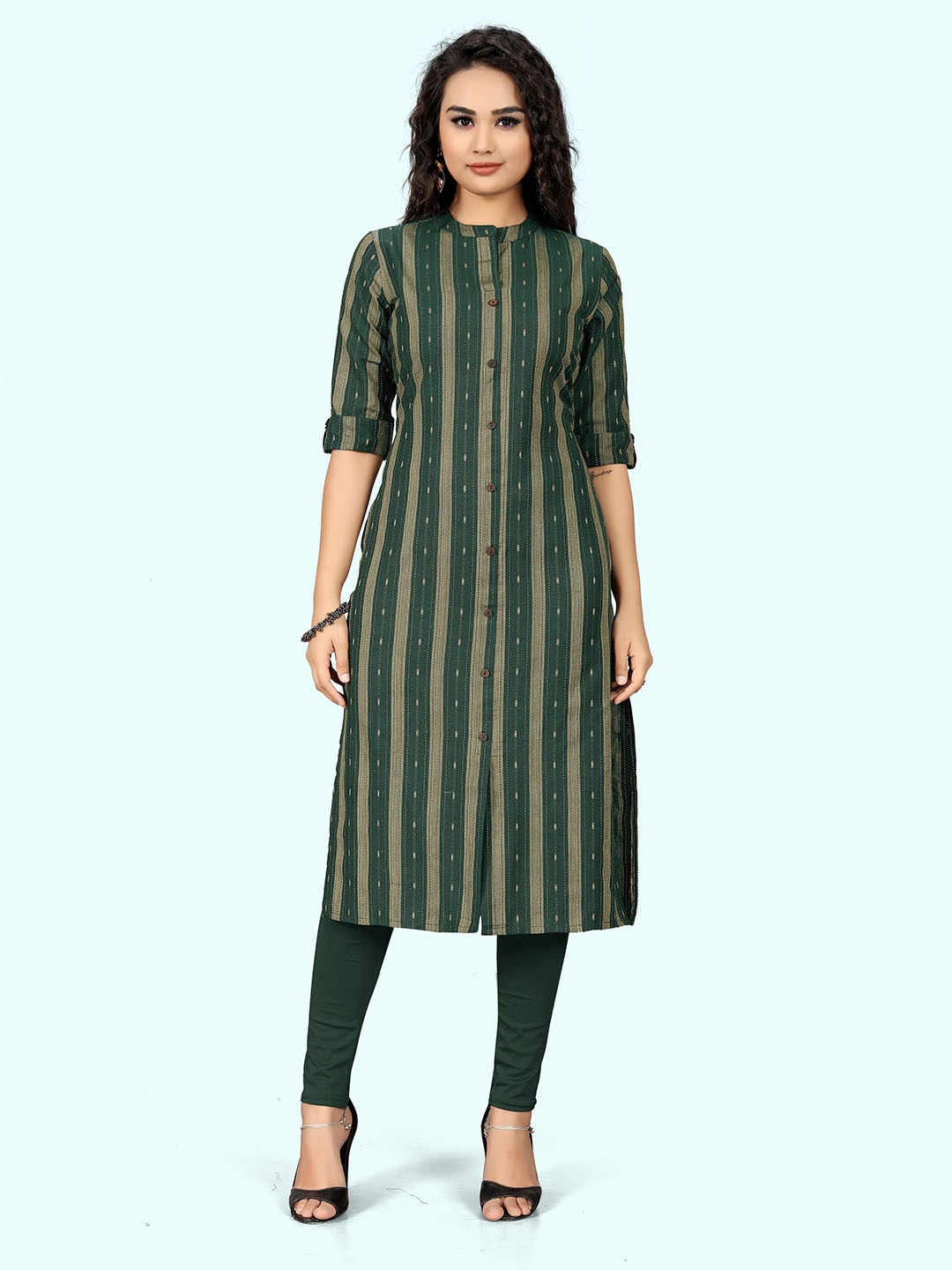 

Indian Women Pure Cotton Striped Kurta, Green