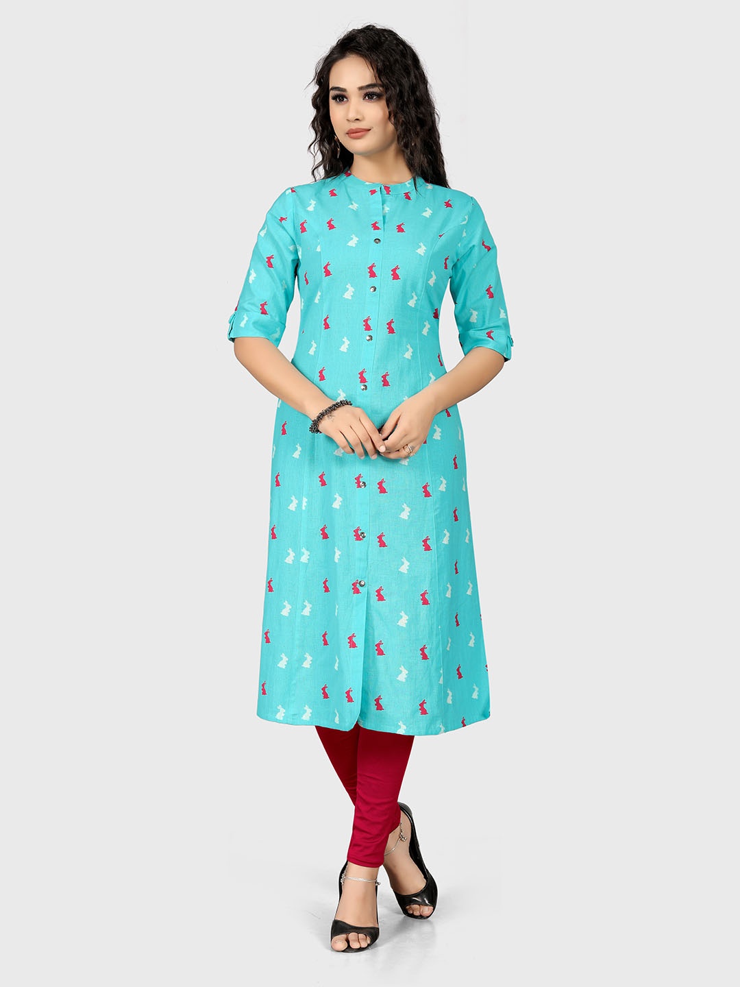 

Indian Women Graphic Printed Mandarin Collar Pure Cotton A-Line Kurta, Turquoise blue