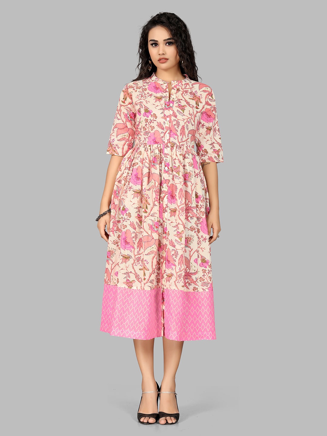 

Indian Women Floral Printed Pure Cotton Fit & Flare Midi Ethnic Dress, Pink