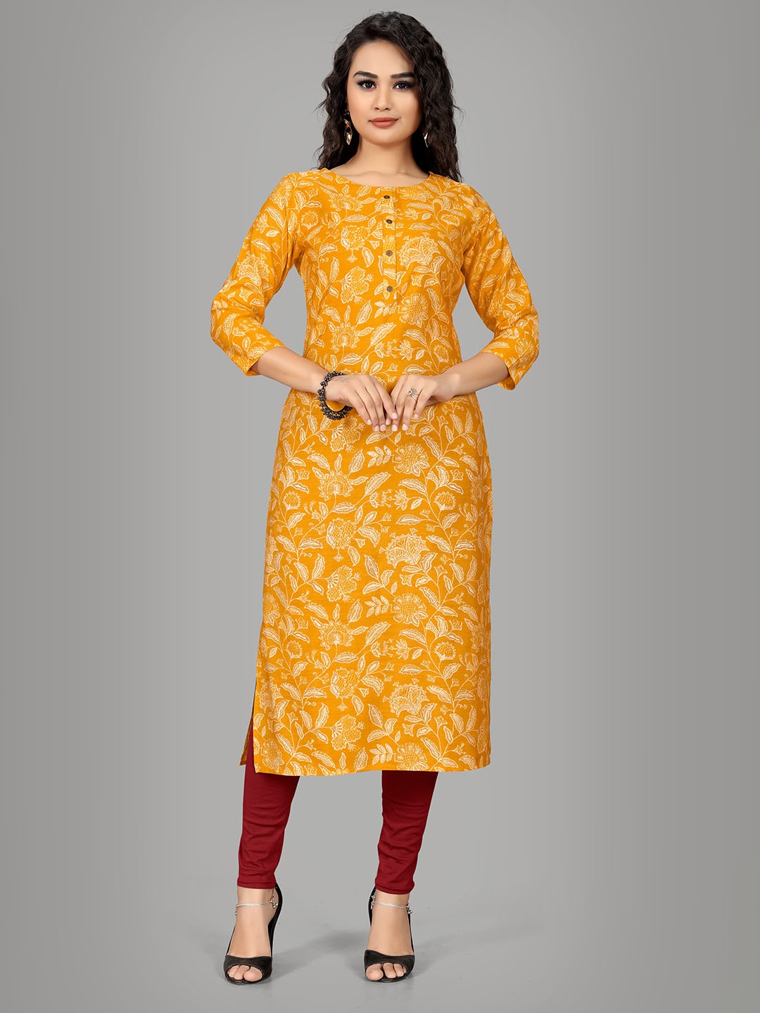 

Indian Women Floral Printed Straight Pure Cotton Kurta, Mustard