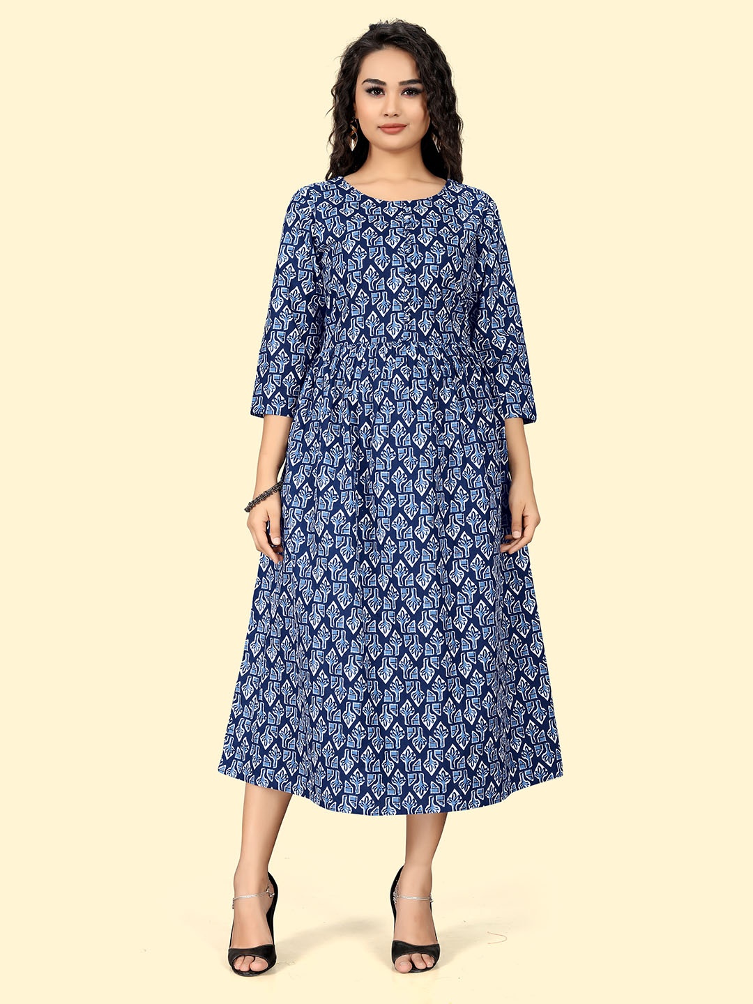 

Indian Women Ethnic Motifs Printed Pure Cotton Fit & Flare Midi Ethnic Dress, Blue