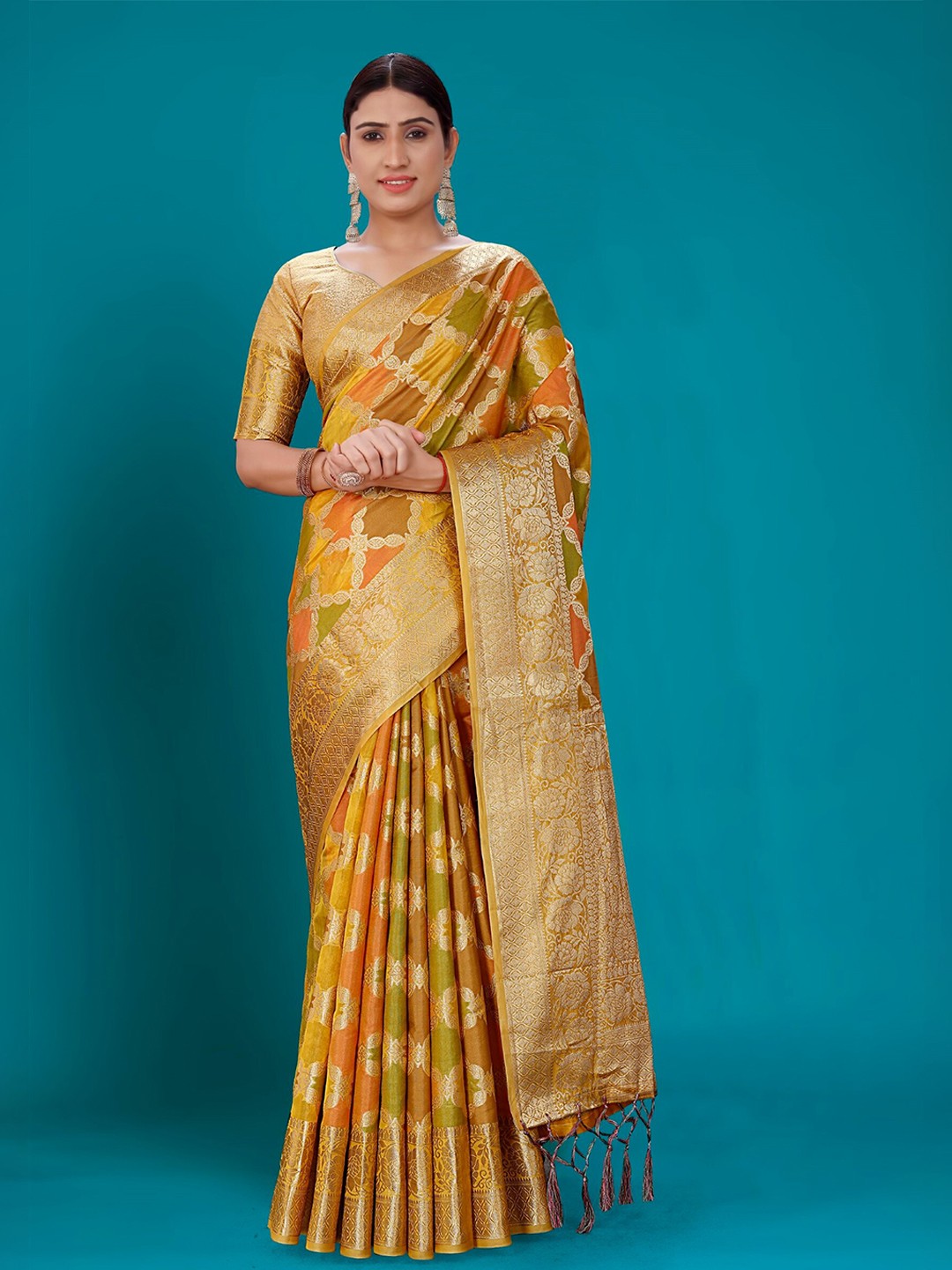 

Mitera Yellow & Green Ethnic Motifs Woven Design Zari Organza Banarasi Saree