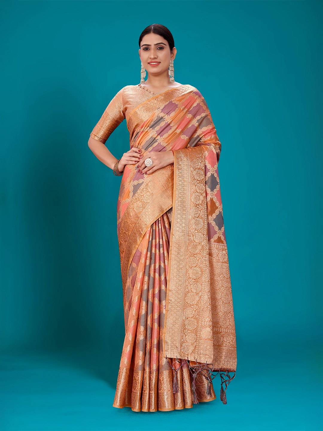 

Mitera Orange & Gold-Toned Ethnic Motifs Woven Design Zari Organza Banarasi Saree