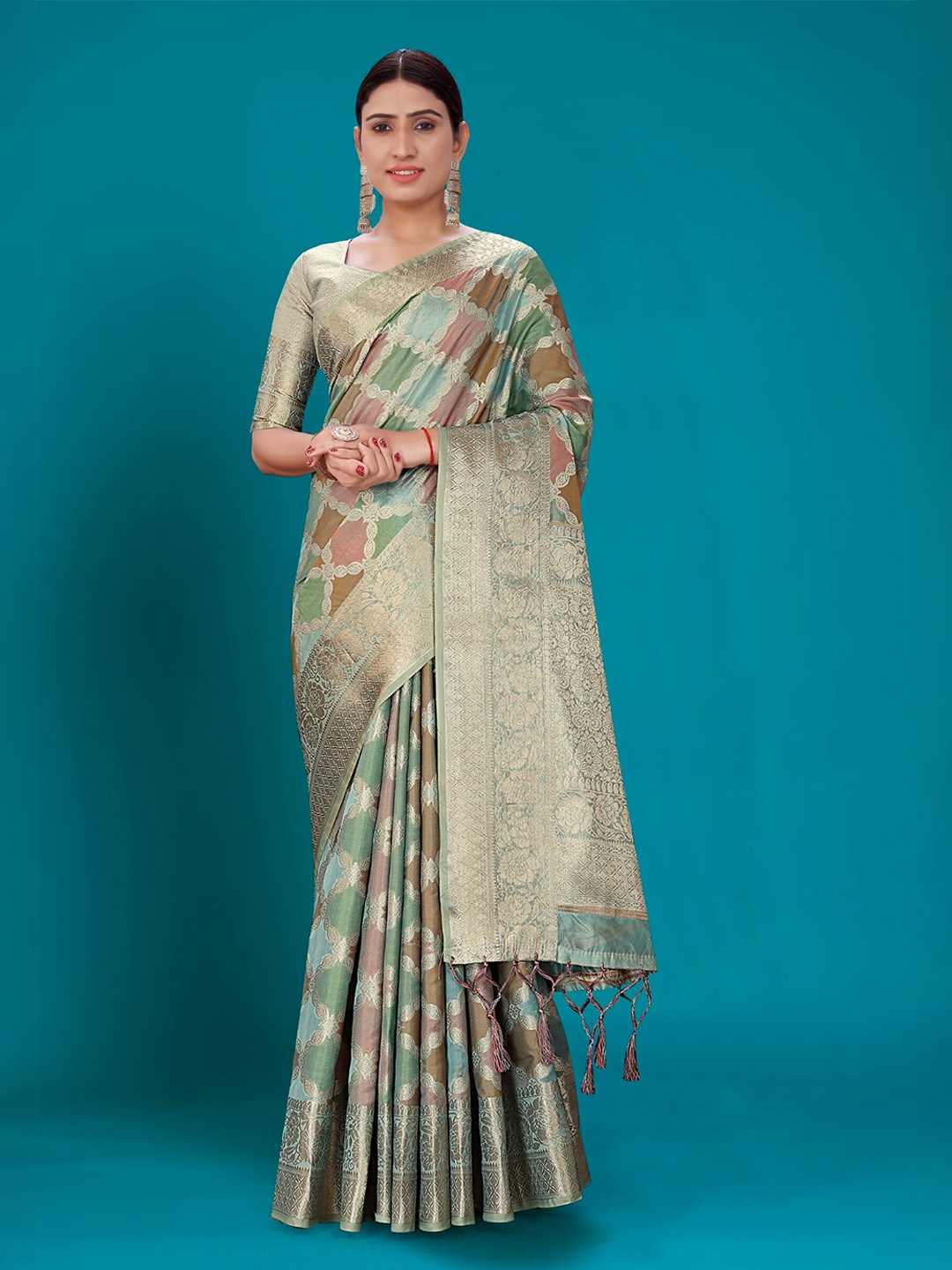 

Mitera Woven Design Zari Organza Banarasi Saree, Sea green