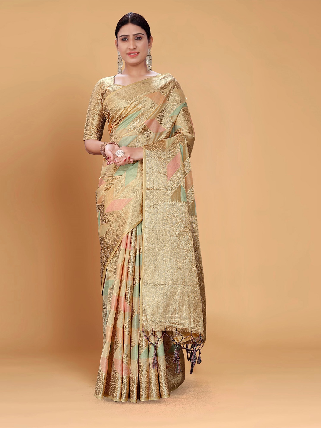 

Mitera Beige & Green Woven Design Zari Organza Banarasi Saree