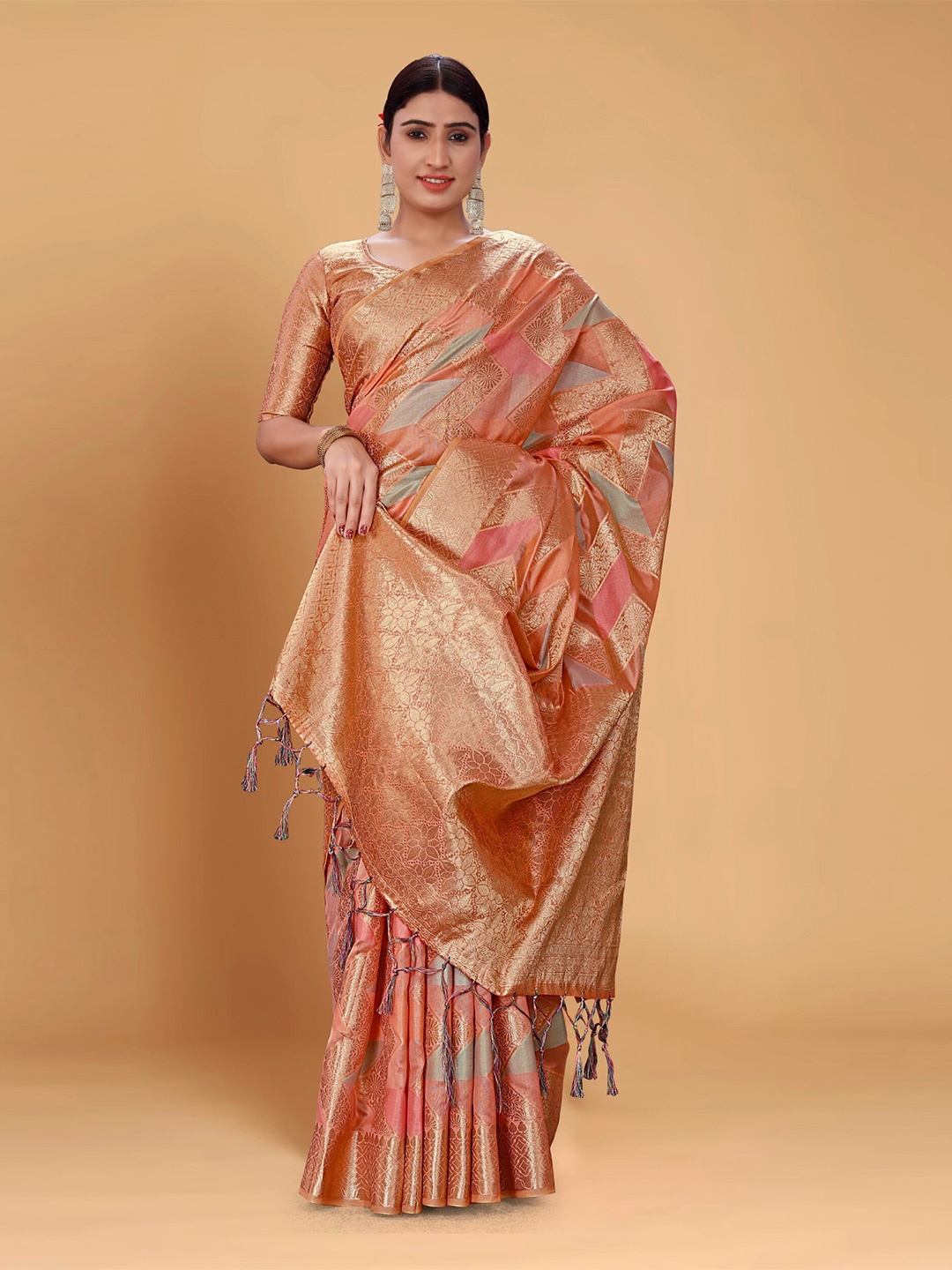 

Mitera Orange & Gold-Toned Floral Woven Design Zari Organza Banarasi Saree