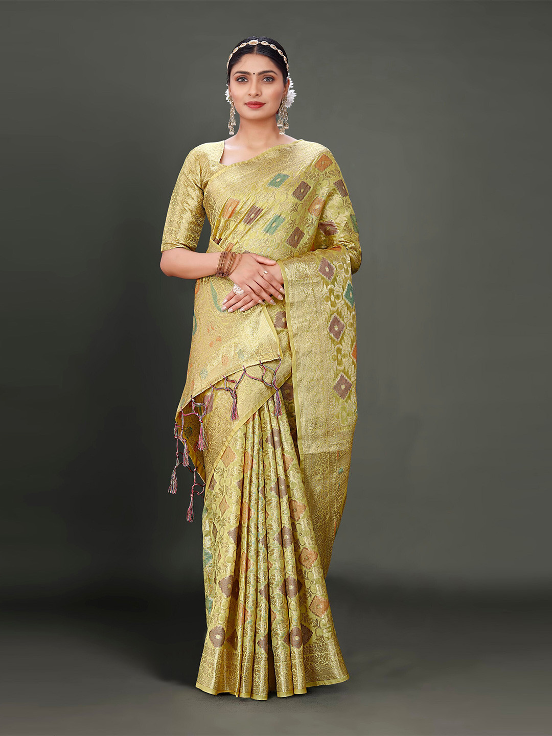 

Mitera Yellow & Blue Ethnic Motifs Woven Design Zari Organza Banarasi Saree