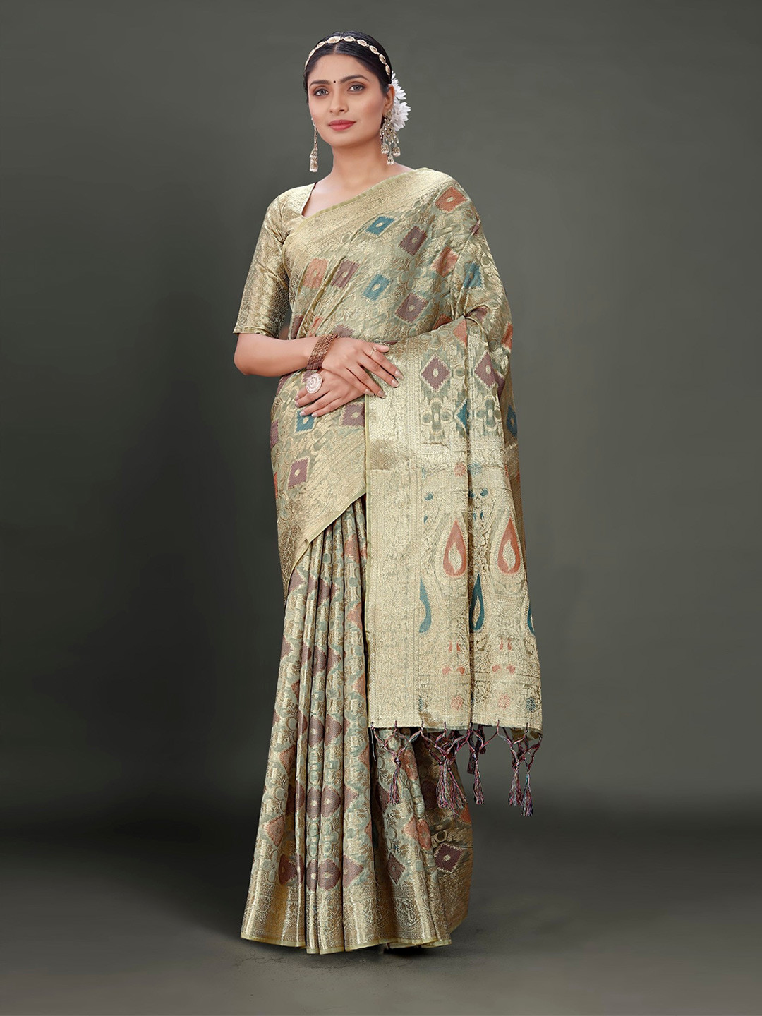 

Mitera Woven Design Zari Organza Banarasi Saree, Grey