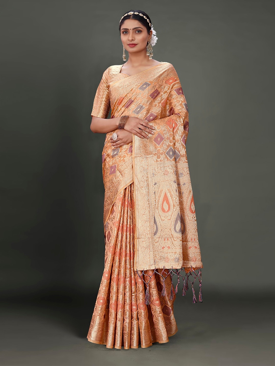 

Mitera Orange & Gold-Toned Ethnic Motif Woven Design Zari Organza Banarasi Saree