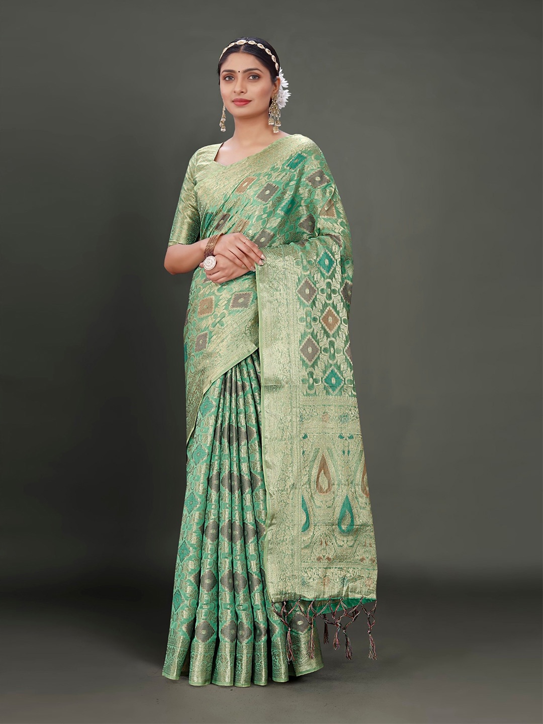 

Mitera Ethnic Motifs Woven Design Zari Organza Banarasi Saree, Teal