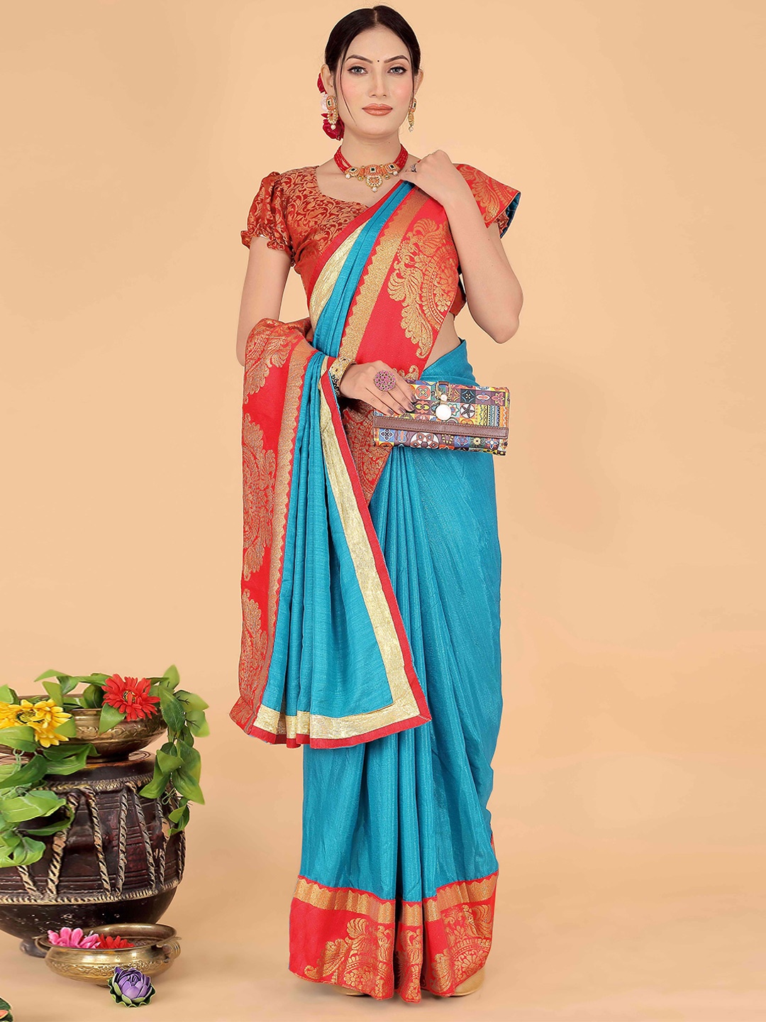 

SAADHVI Zari Silk Blend Saree, Turquoise blue