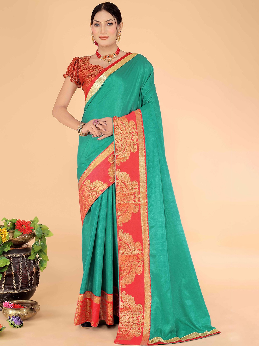 

SAADHVI Zari Silk Blend Saree, Teal