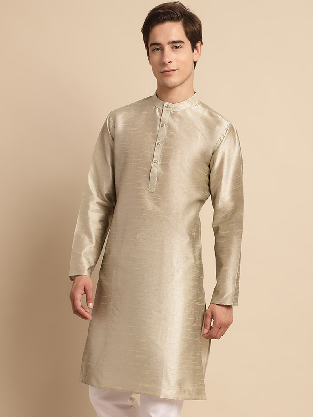 

Anouk Beige Woven Design Band Collar Straight Kurta