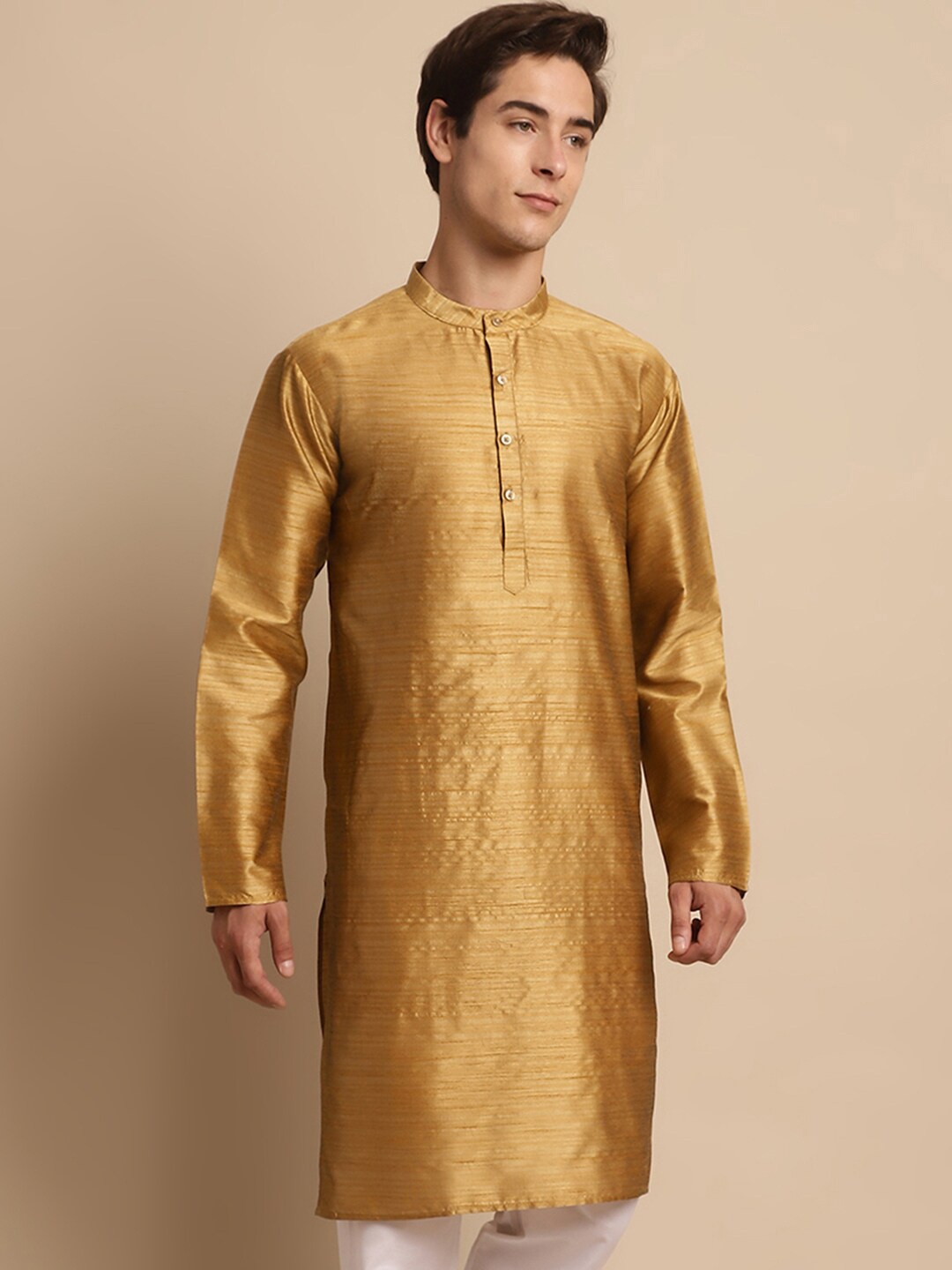 

Anouk Gold-Toned Woven Design Band Collar Straight Kurta