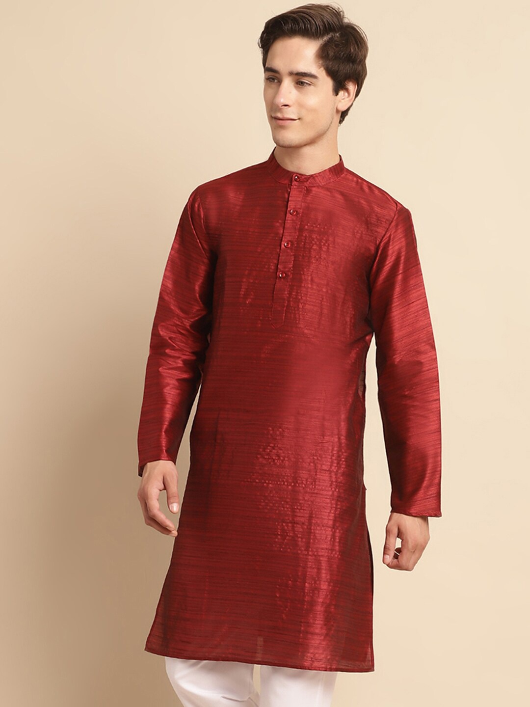 

Anouk Maroon Woven Design Band Collar Straight Kurta