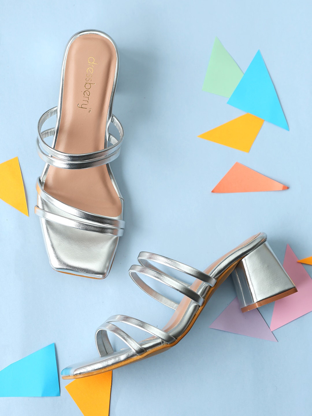 

DressBerry Silver-Toned Strappy Open Toe Block Heels