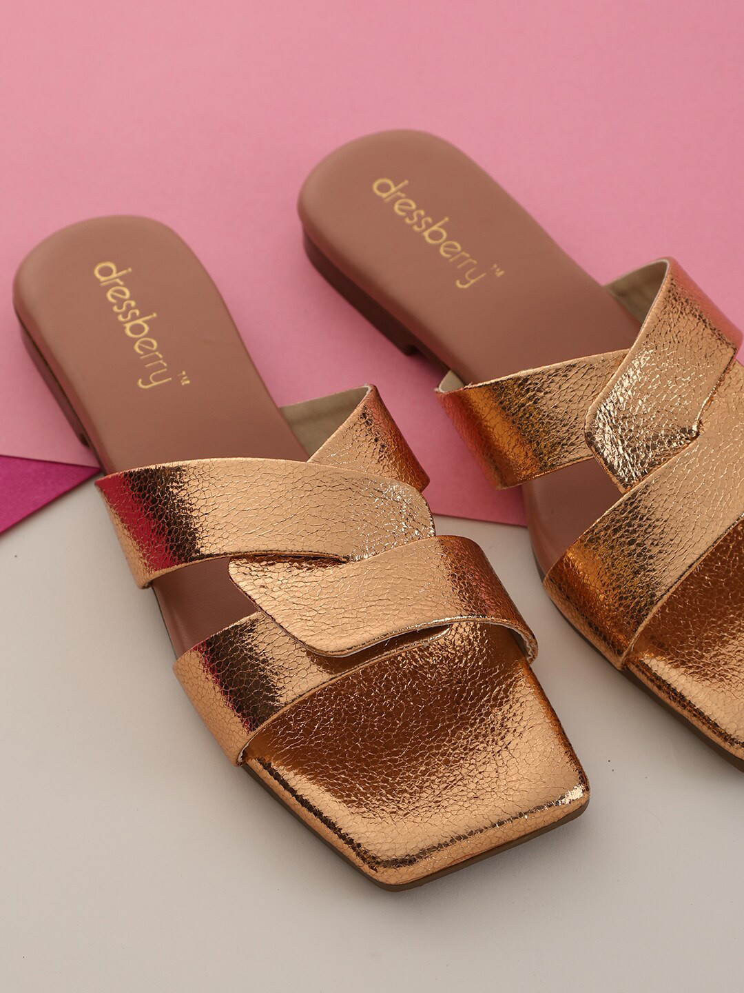 

DressBerry Copper-Toned Textured Open Toe Flats