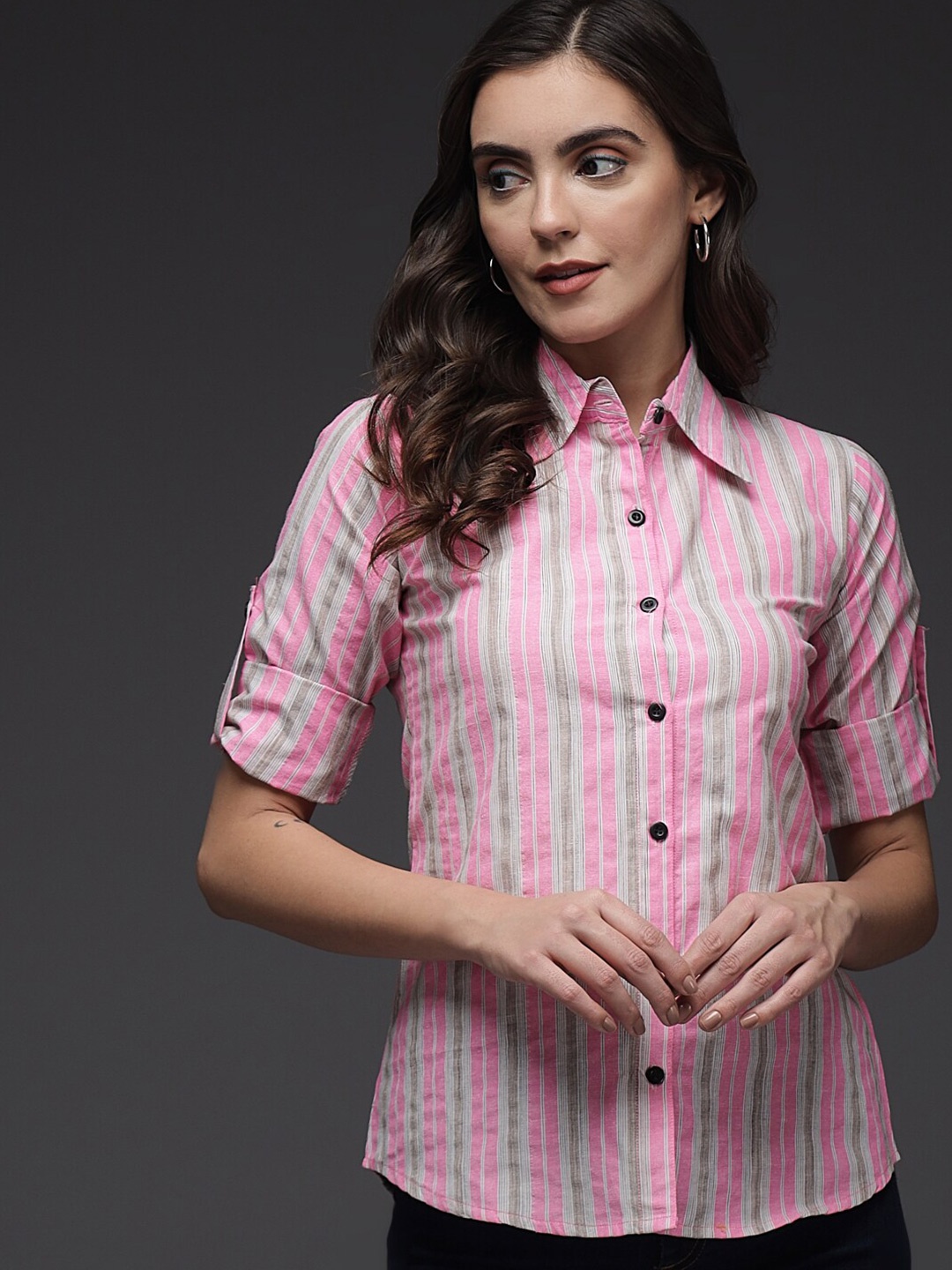 

BAESD Comfort Vertical Striped Roll Up Sleeves Cotton Casual Shirt, Pink